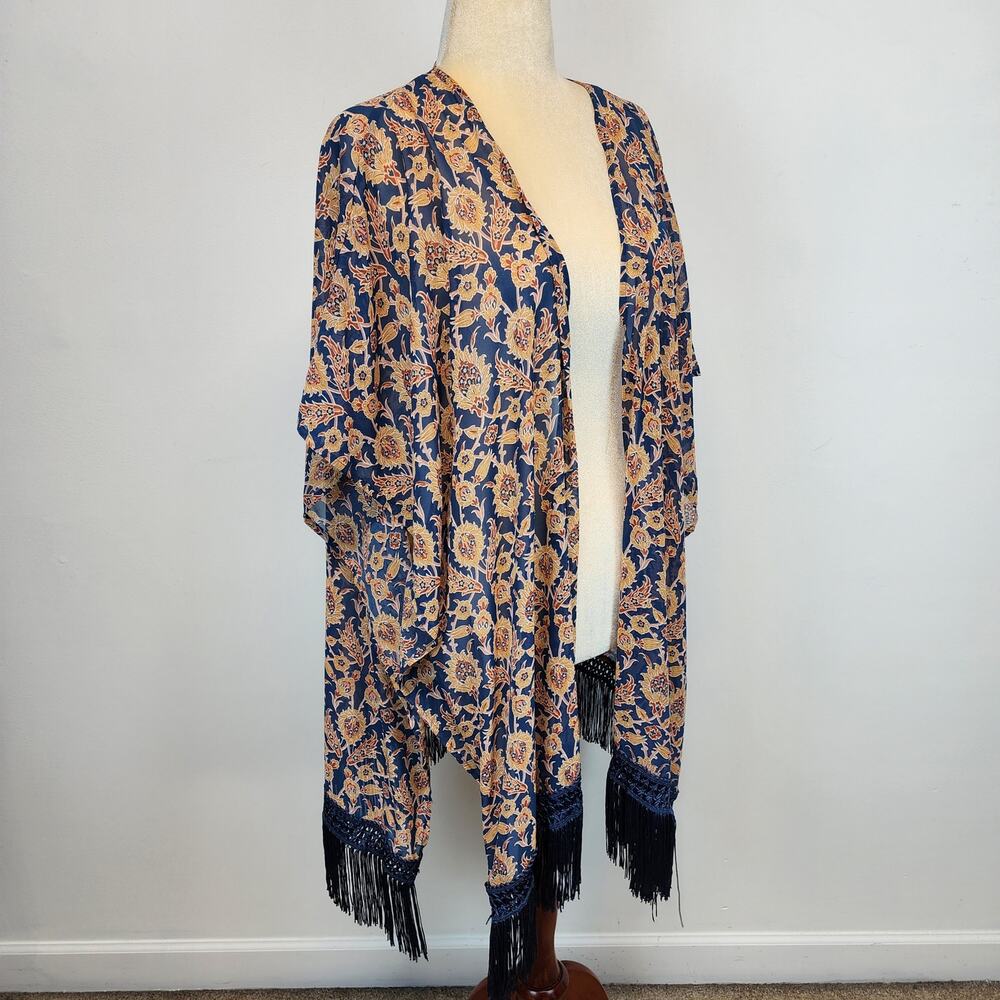 Womens Fringe Bohemian Shrug Top Kimono M/L Multicolor Acanthus Wide Sleeve